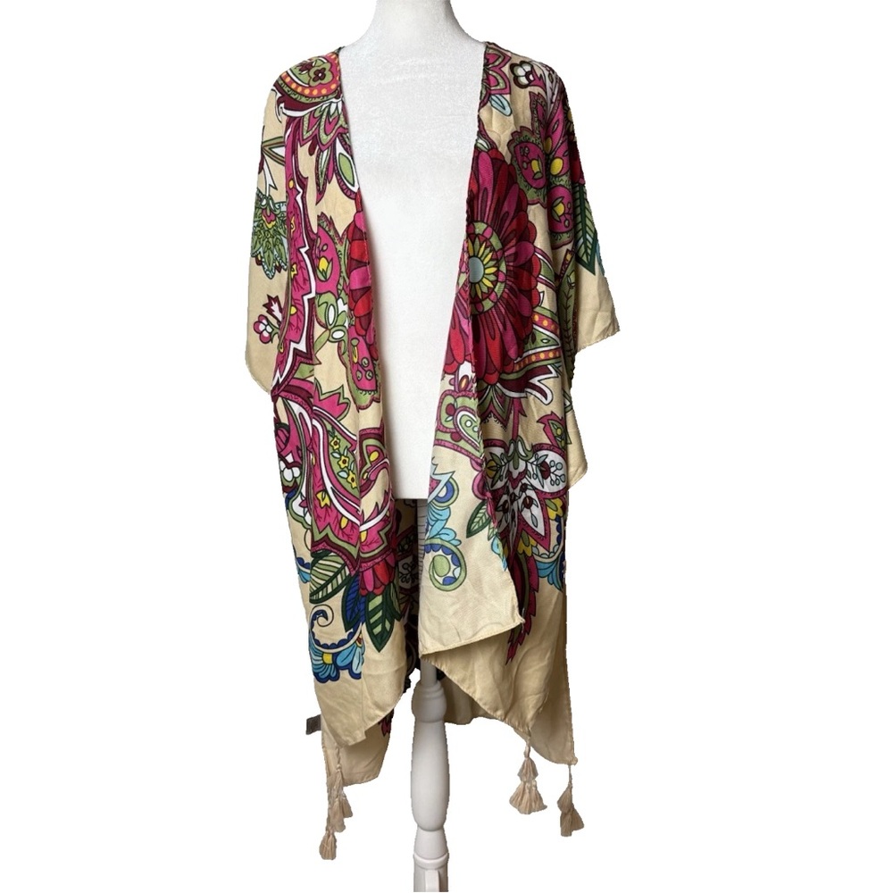 Kimono Open Top One Size Fits Most Tassels Colorful Floral Paisley Short Sleeves